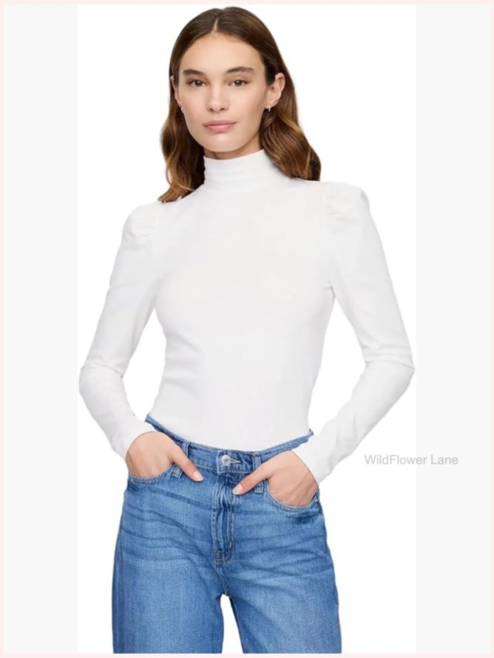 Long Sleeve Puffed Shoulder Turtleneck Top - Soft Stretch Cotton Blend